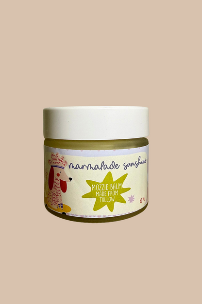 Glass Wholefoods Tallow Mosquito Balm 60ML in a glass jar with hand-illustrated label