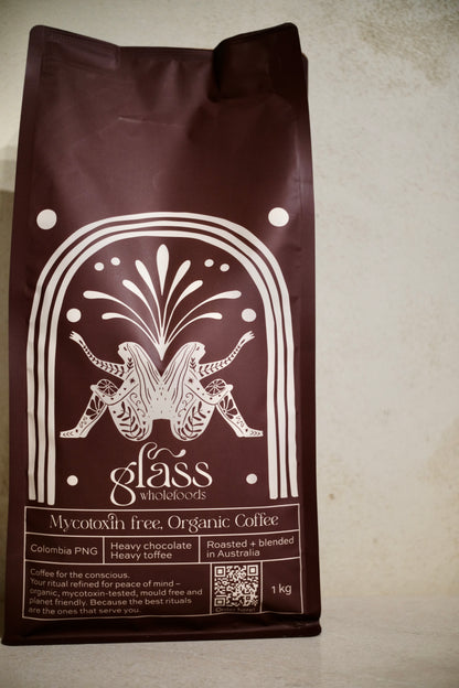 Glass Wholefoods Mycotoxin Free Organic Coffee 1kg package with botanical design