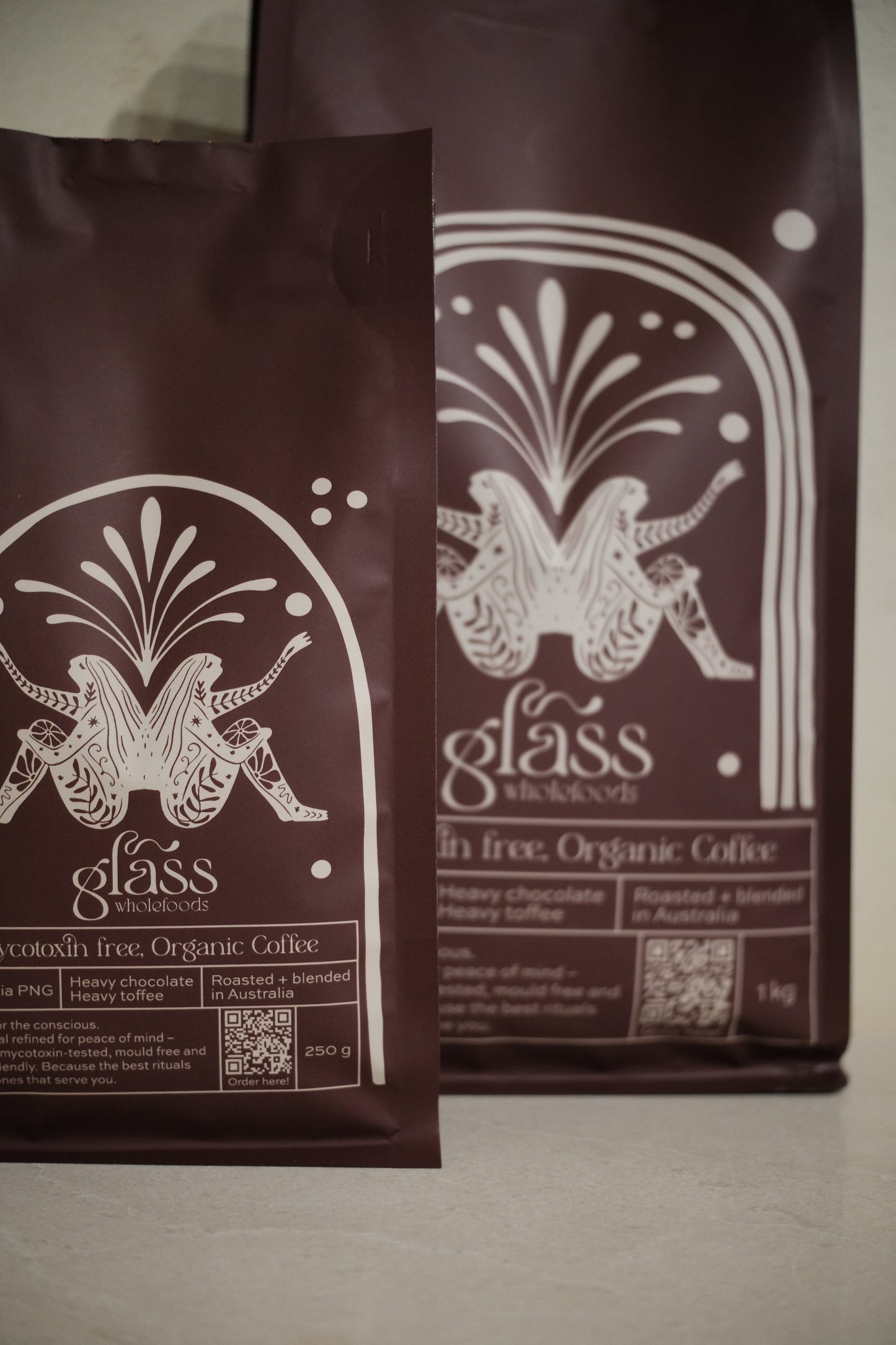 Glass Wholefoods Mycotoxin Free Organic Coffee bags in 250g and 1kg sizes