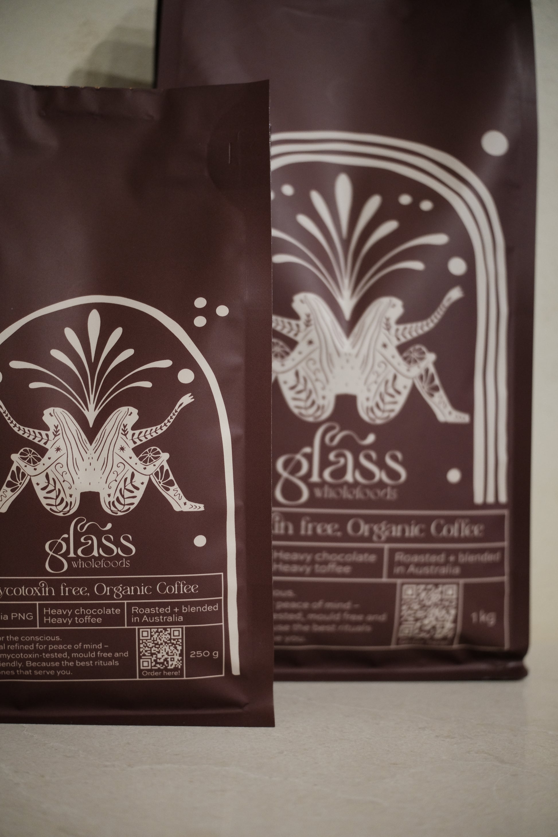Glass Wholefoods Mycotoxin Free Organic Coffee bags in 250g and 1kg sizes