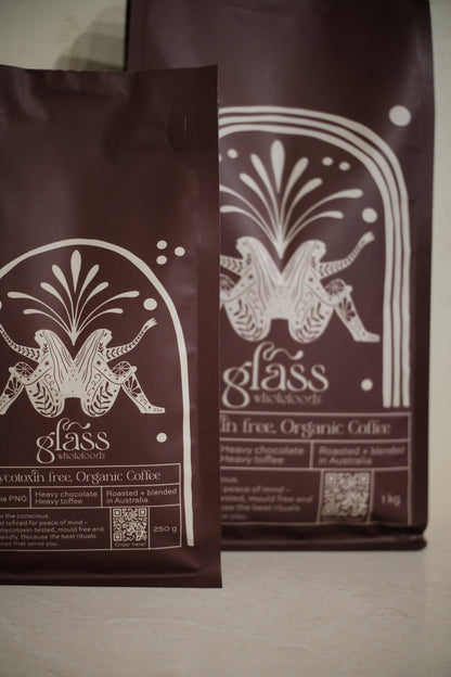 Glass Wholefoods Mycotoxin Free Organic Coffee bags in 250g and 1kg sizes