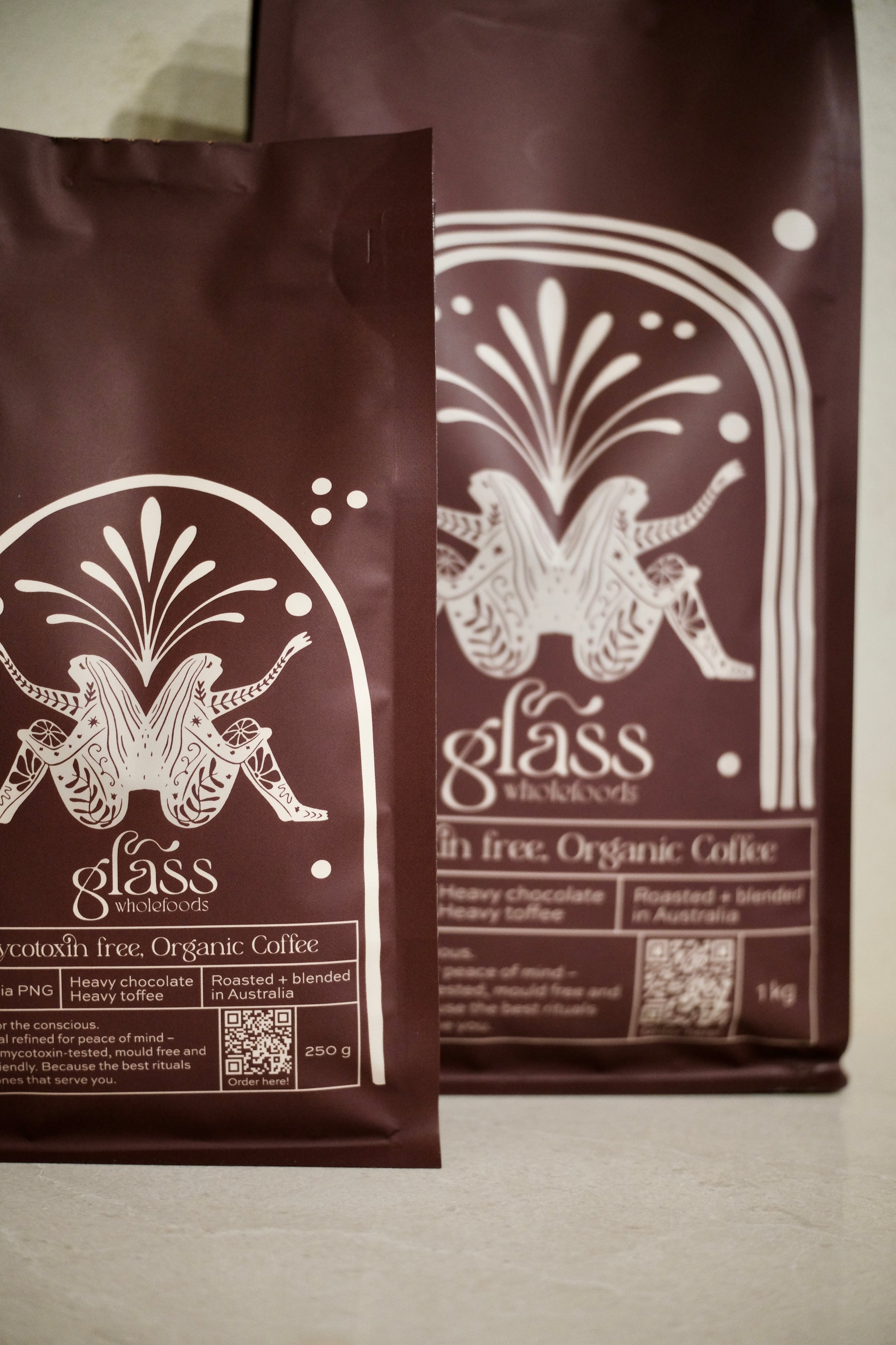 Glass Wholefoods Mycotoxin Free Organic Coffee bags in 250g and 1kg sizes