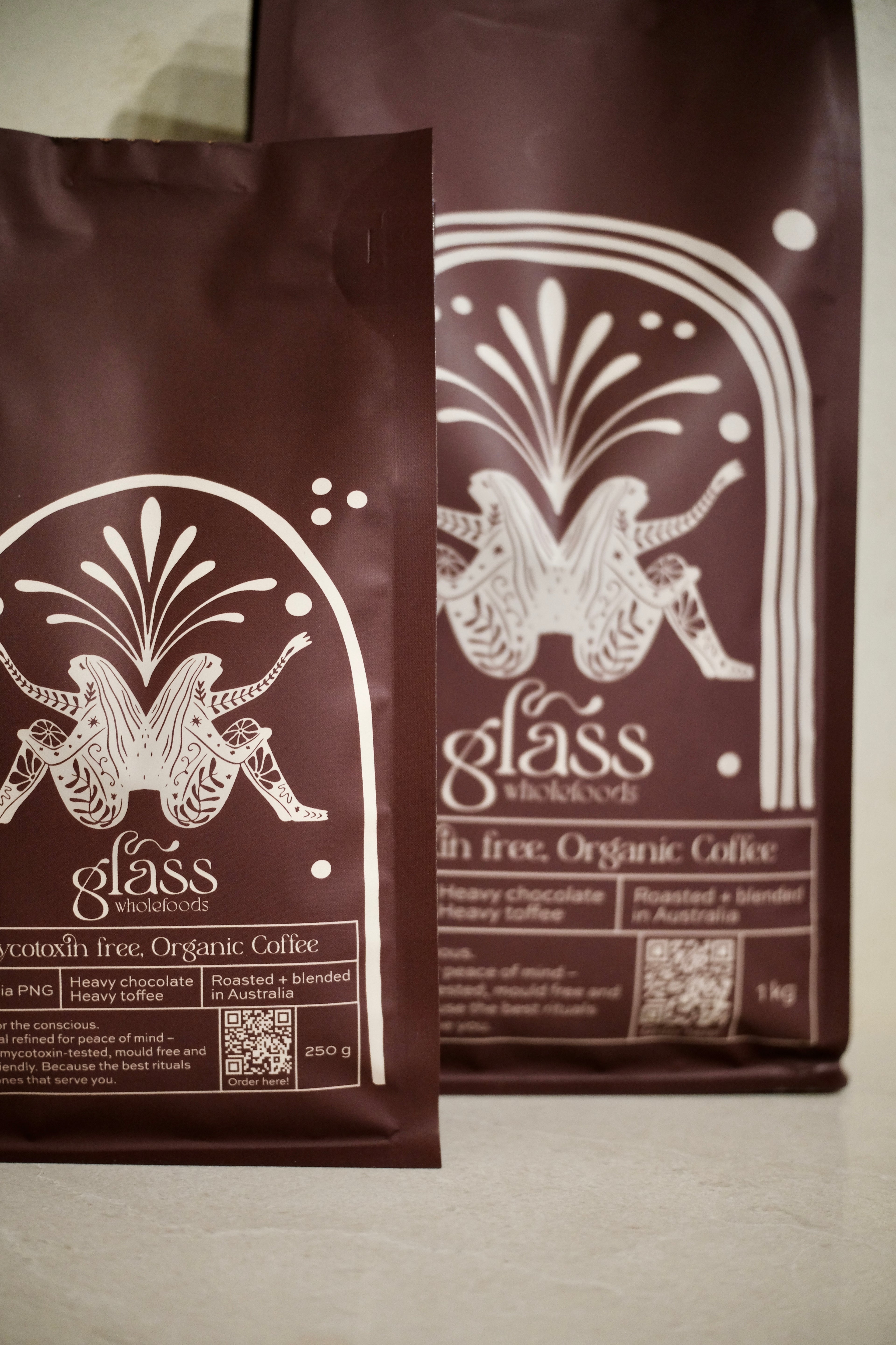 Glass Wholefoods Mycotoxin Free Organic Coffee bags in 250g and 1kg sizes