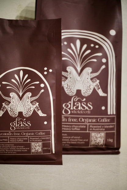 Glass Wholefoods Mycotoxin Free Organic Coffee bags in 250g and 1kg sizes