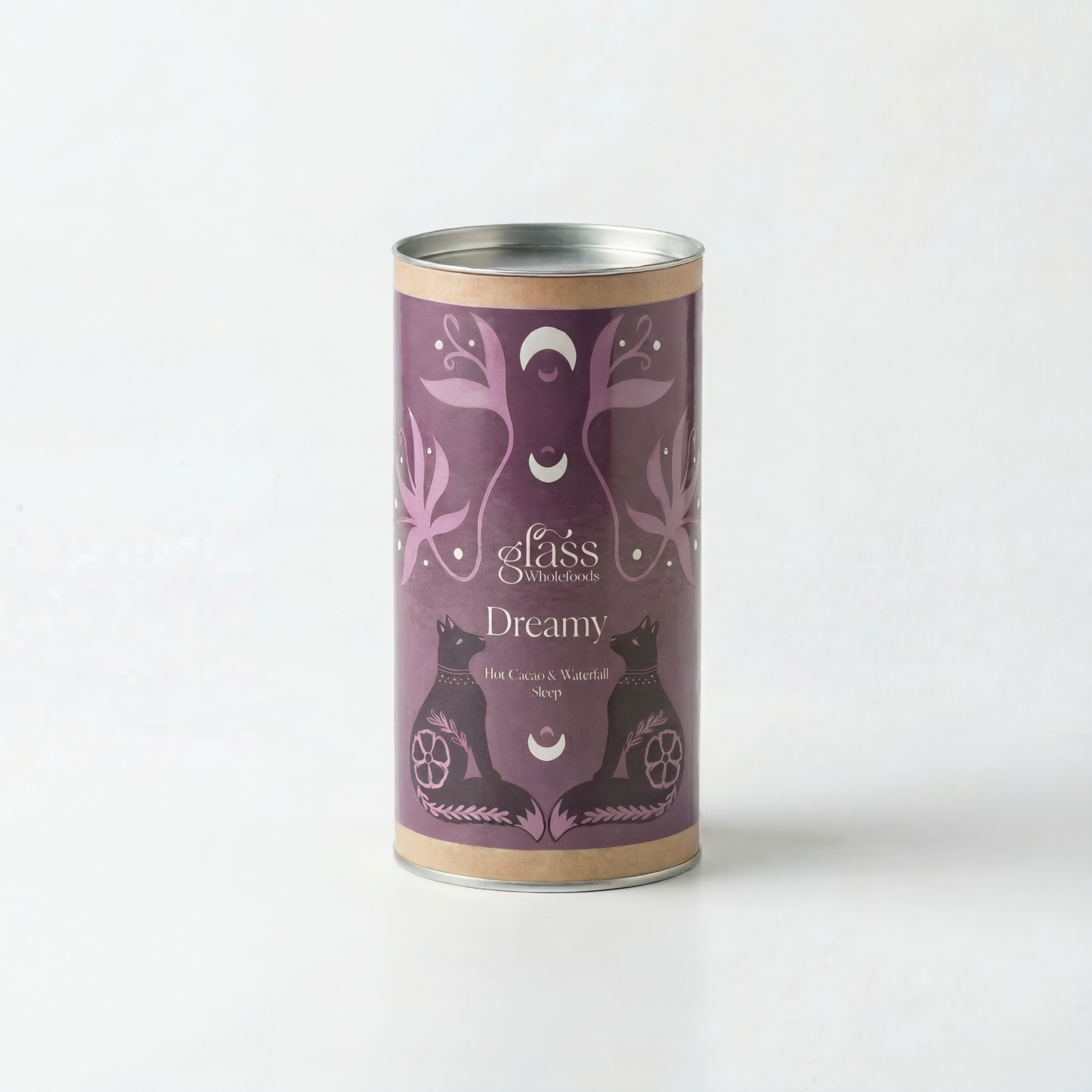 Glass Wholefoods Dreamy Blend canister with purple celestial moon and botanical design on white background