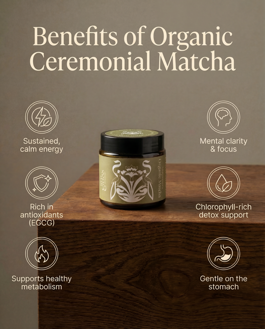 Benefits of Glass Wholefoods Organic Ceremonial Matcha infographic showing product jar and feature icons